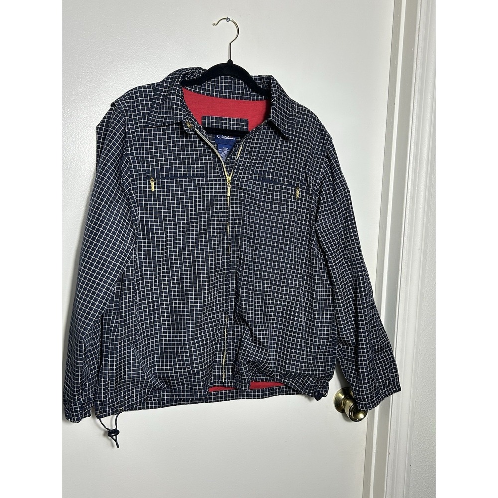 Vintage Catalina Plaid Windbreaker Jacket Navy Blue Grid Men's Large Red Lined‎